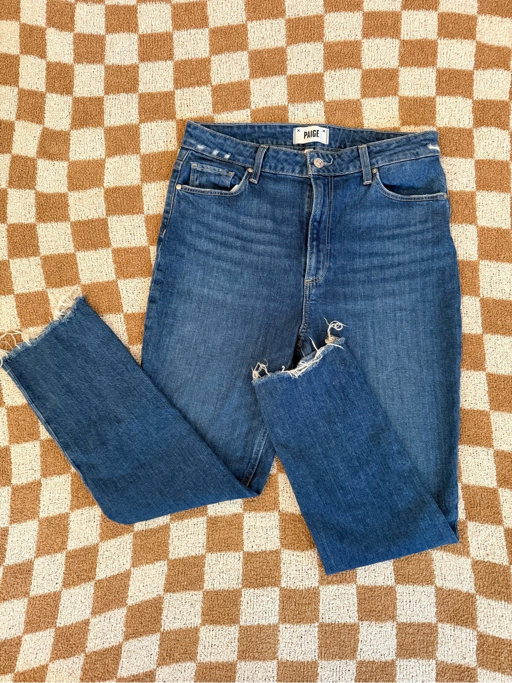 PAIGE Slim Straight Dark Blue Women’s Jeans with Raw Hem